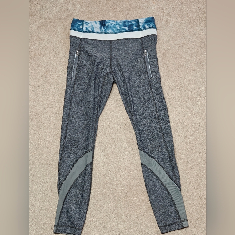 Lululemon Gray Running Leggings with Blue Waistband